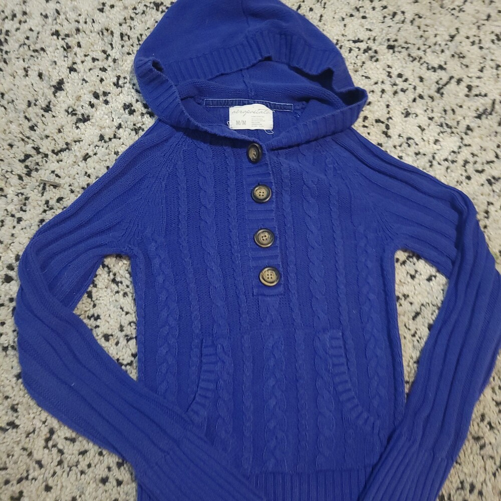 Aeropostale Cable Knit Sweater Medium Blue Cotton Acrylic Hooded Button Front